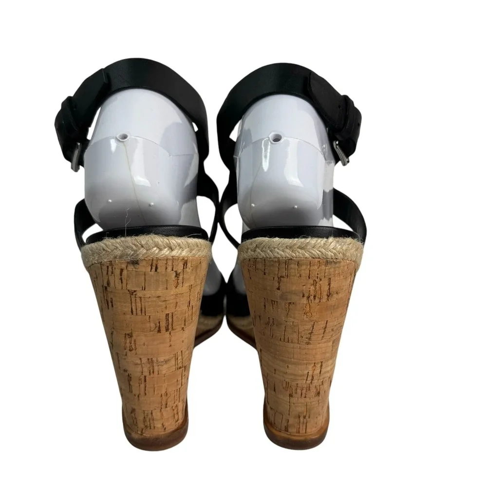 Sigerson Morrison Women's Black Leather Cork Wedge‎ Espadrille T Strap Sandals 9